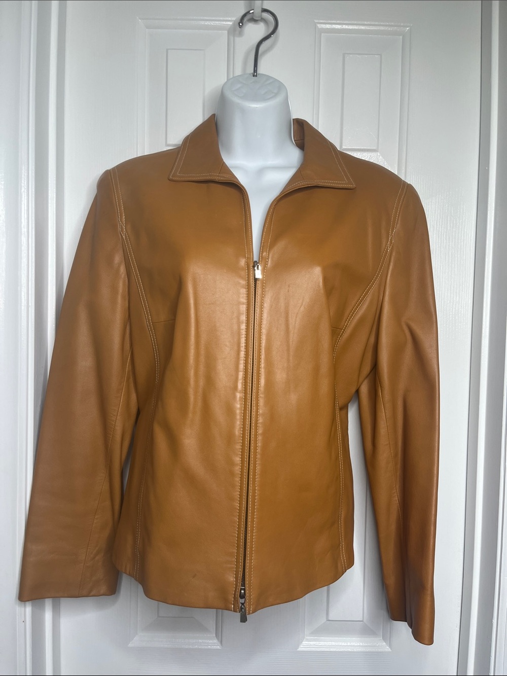 Vintage Tan Leather Full Zip Jacket with Pockets